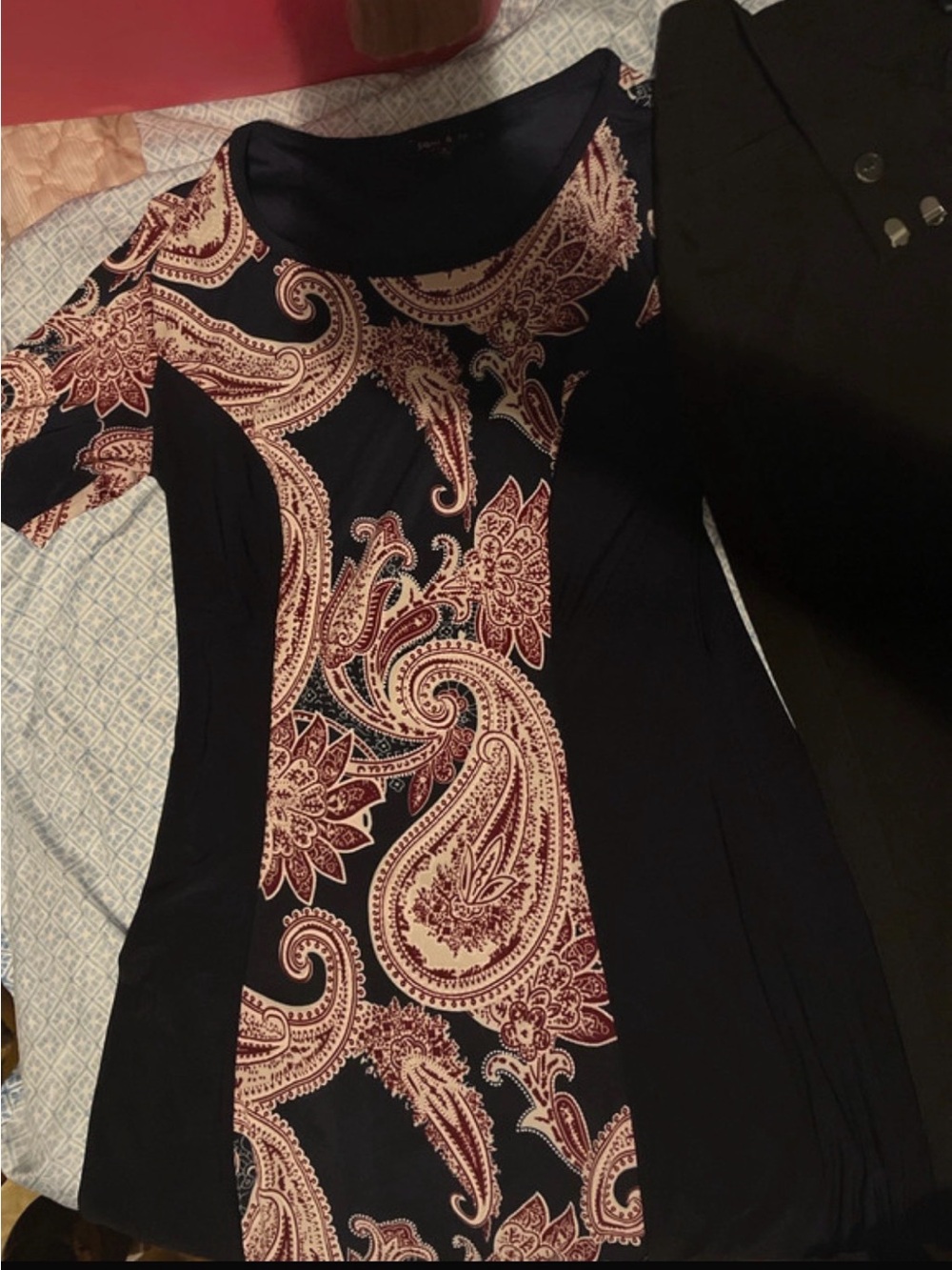 Women's Navy Paisley Print Sheath Dress and black slacks